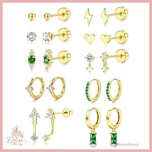 14K Gold Plated Surgical Steel Cartilage Earrings Set 10 Pairs Hypoallergenic
